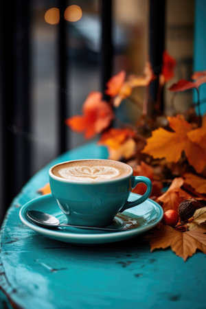 A blue cup of coffee, cappuccino on a table in a cafの素材