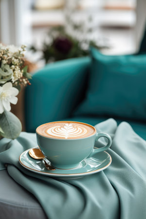 A blue cup of coffee, cappuccino on a table in a cafの素材