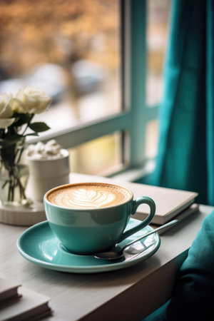 A blue cup of coffee, cappuccino on a table in a cafの素材
