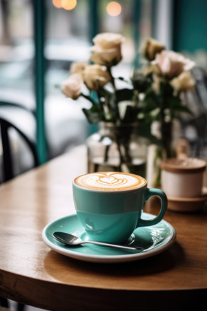 A blue cup of coffee, cappuccino on a table in a cafの素材