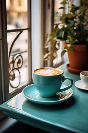 A blue cup of coffee, cappuccino on a table in a cafの素材