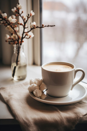 Cozy photo. A cup of coffee, a book and a candle by the window, blanketの素材