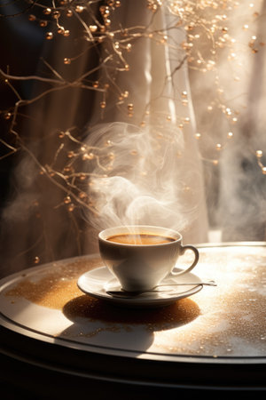 magic photo, postcard. A cup of coffee on the table, Christmas lightsの素材