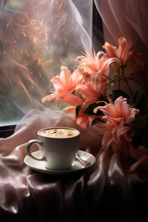 Cozy bright photo. A cup of coffee by the window, flowersの素材