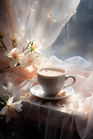 Cozy bright photo. A cup of coffee by the window, flowersの素材