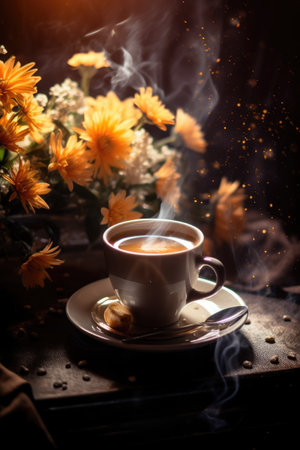 Cozy bright photo. A cup of coffee by the window, flowersの素材