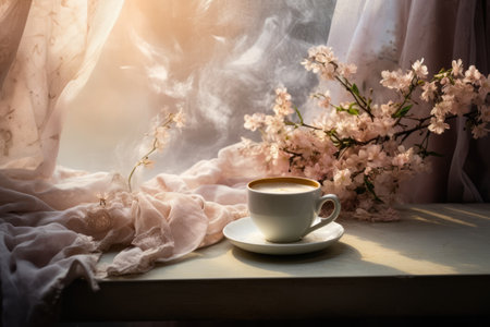 cozy magic photo. A cup of coffee by the window and flowersの素材