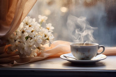 cozy magic photo. A cup of coffee by the window and flowersの素材