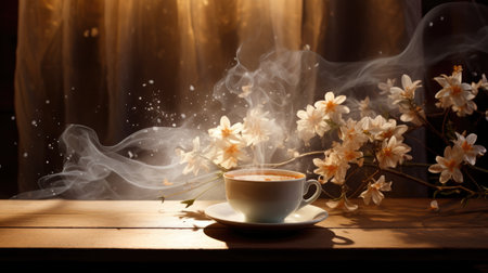 cozy magic photo. A cup of coffee and flowers, magic lightsの素材