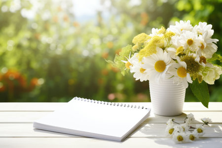 A cup of coffee on the table in the morning garden. a vase of flowers, a diary with a penの素材