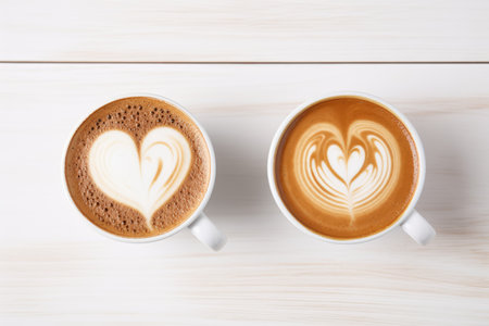 Two cups of cappuccino, patterned on the foam. love, relationship, coupleの素材
