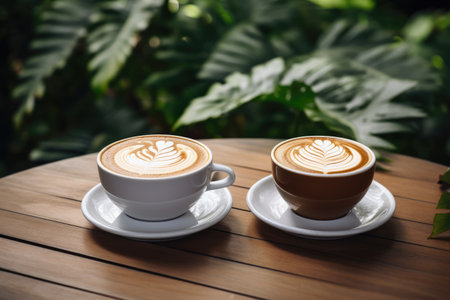 Two cups of cappuccino, patterned on the foam. love, relationship, coupleの素材