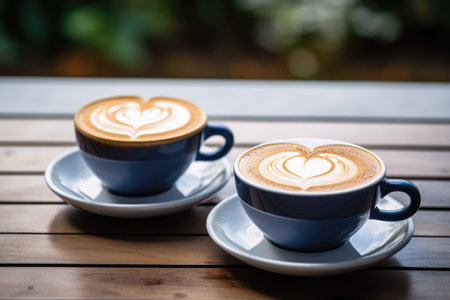 Two cups of cappuccino, patterned on the foam. love, relationship, coupleの素材