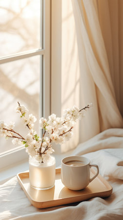 Cozy photo. A cup of coffee, a blanket by the windowの素材