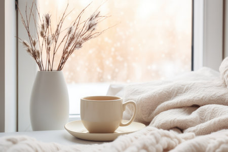 Cozy photo. A cup of coffee, a blanket by the window, winterの素材