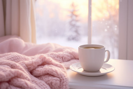 Cozy photo. A cup of coffee, a blanket by the window, winterの素材