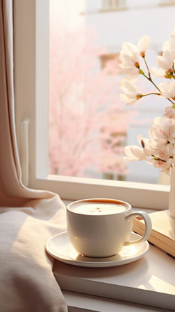 Cozy photo. A cup of coffee, a blanket by the window, winterの素材