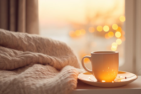 Cozy photo. A cup of coffee, a blanket by the window, Christmas lights, winterの素材