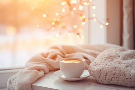 Cozy photo. A cup of coffee, a blanket by the window, Christmas lights, winterの素材