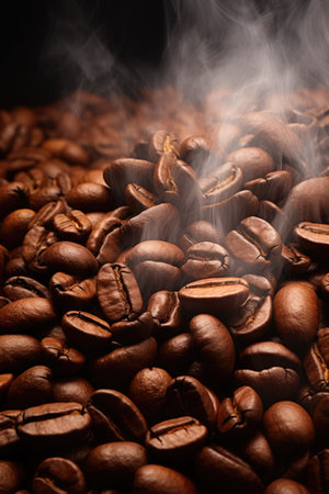 coffee beans on a dark background, smoke from beans. background, texture, copy spaceの素材