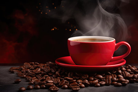 magic photo, postcard. A red cup of coffee on the table and coffee beans, black backgroundの素材
