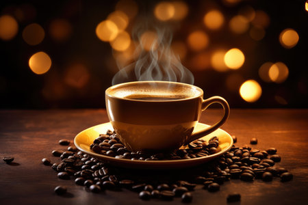 magic photo, postcard. A golden cup of coffee on the table and coffee beans, Christmas lightsの素材