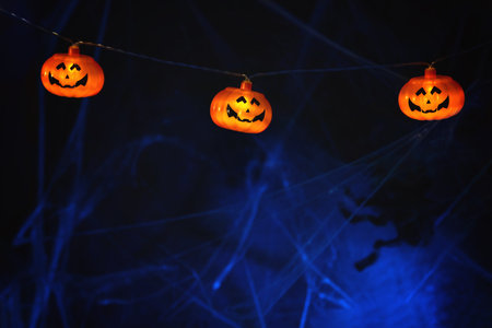 Garland with orange pumpkins on the background of cobwebs. with copy space. Halloween card backgroundの写真素材