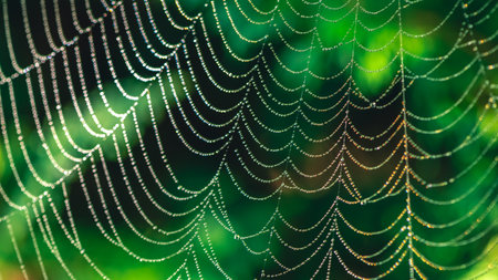 natural background. cobwebs in dew drops on a green plantの写真素材