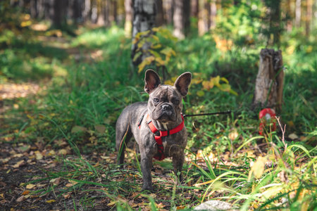 beautiful adorable brindle French bulldog in a harness on a walkの写真素材