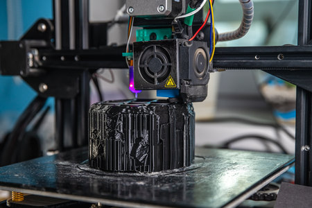 A 3D printer prints a black model. Technology at home