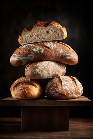 Composition of balancing fresh, appetizing bread. for bakeries, cozy atmosphere, AI generativeの素材