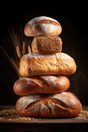 Composition of balancing fresh, appetizing bread. for bakeries, cozy atmosphere, AI generativeの素材