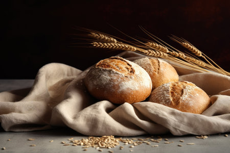 Composition of fresh, appetizing bread. for bakeries, cozy atmosphere, AI generativeの素材