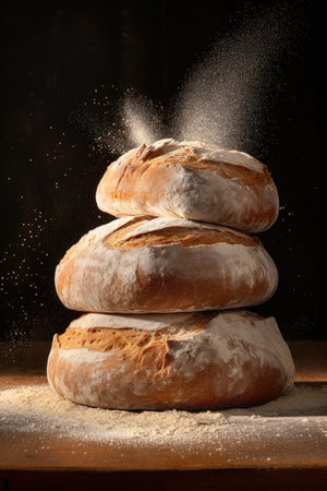 Composition of balancing fresh, appetizing bread. for bakeries, cozy atmosphere, with flying flour, AI generativeの素材