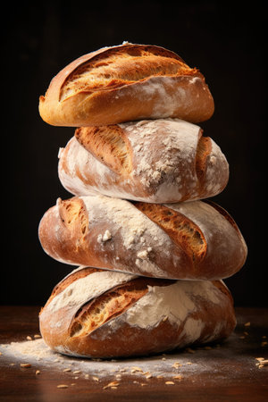 Composition of balancing fresh, appetizing bread. for bakeries, cozy atmosphere, AI generativeの素材