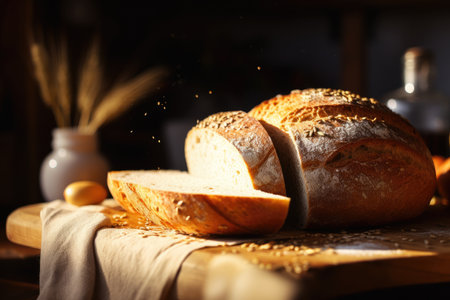 Composition of fresh, appetizing bread. for bakeries, cozy atmosphere, AI generativeの素材