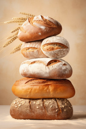 Composition of balancing fresh, appetizing bread. for bakeries, cozy atmosphere, AI generativeの素材
