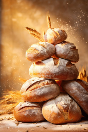 Composition of balancing fresh, appetizing bread. for bakeries, cozy atmosphere, AI generativeの素材
