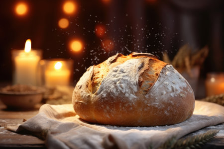 Composition of fresh, appetizing bread. for bakeries, cozy atmosphere, with Christmas lights, AI generativeの素材