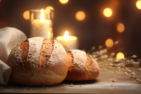 Composition of fresh, appetizing bread. for bakeries, cozy atmosphere, with Christmas lights, AI generativeの素材