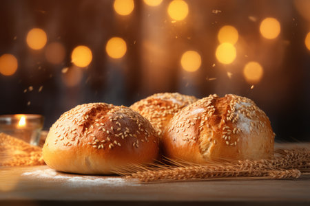 Composition of fresh, appetizing bread. for bakeries, cozy atmosphere, with Christmas lights, AI generativeの素材
