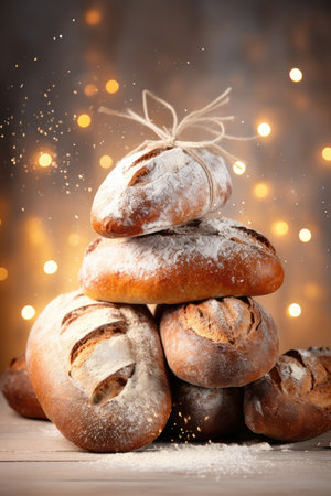 Composition of balancing fresh, appetizing bread. for bakeries, cozy atmosphere, with Christmas lights, AI generativeの素材