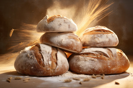Composition of fresh, appetizing bread. for bakeries, cozy atmosphere, AI generativeの素材