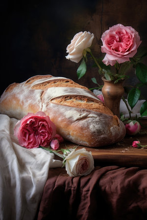 Composition with fresh, appetizing bread and beautiful rose flowers, generative aiの素材