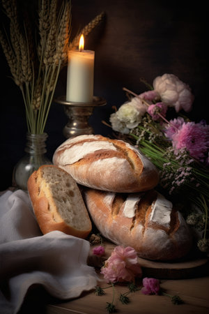 Composition with fresh, appetizing bread and beautiful rose flowers, generative aiの素材