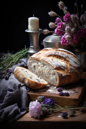 Composition with fresh, appetizing bread and beautiful flowers lavender, generative aiの素材