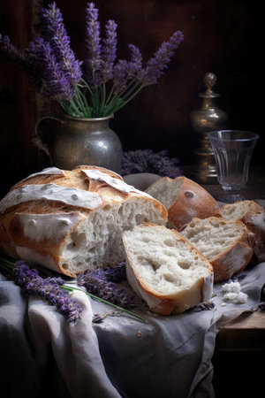Composition with fresh, appetizing bread and beautiful flowers lavender, generative aiの素材
