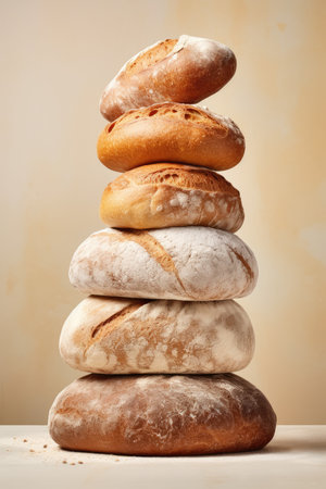 Composition of balancing fresh, appetizing bread. for bakeries, cozy atmosphere, AI generativeの素材