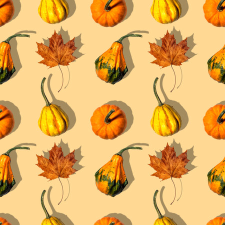 seamless pattern pumpkins on a orange, beige background. Concept autumn, harvestの写真素材