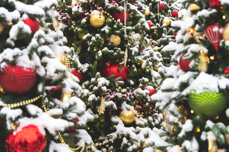 New Year's composition outdoors. Christmas trees in the snow, Christmas toys, decoration, winter timeの写真素材